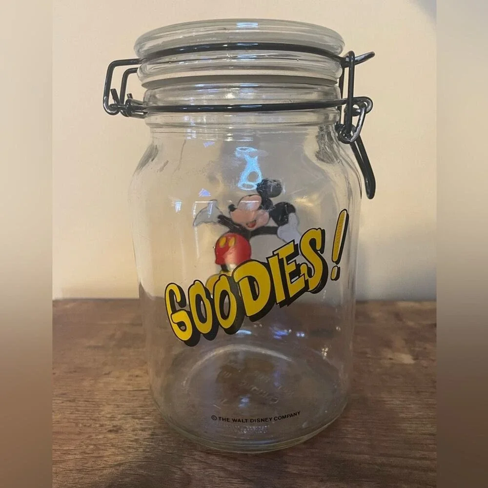 Vintage Disney Mickey Mouse Goodies Glass Jar Airtight Bail‎ Lid Canister 8